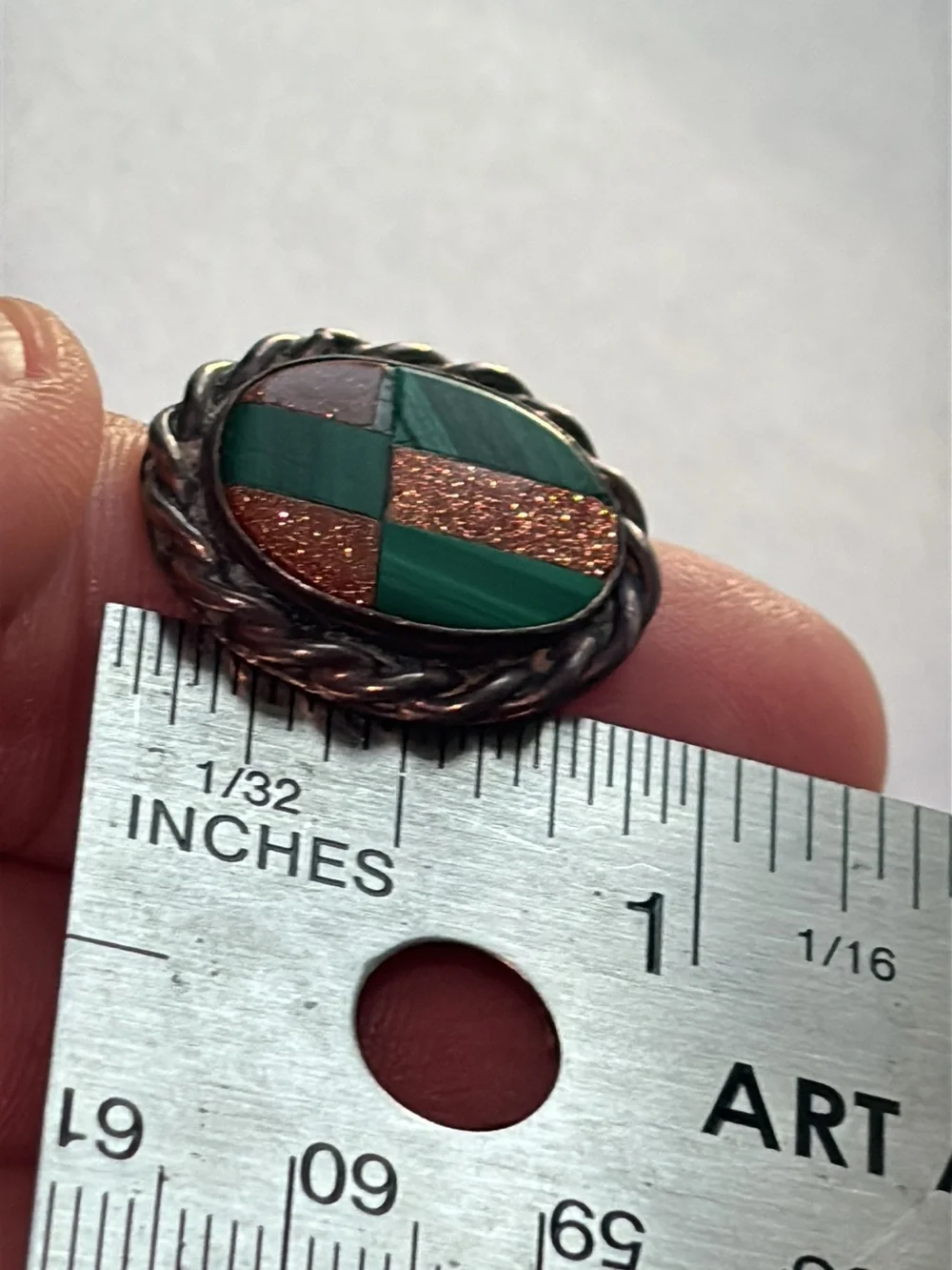 Sterling Silver Inlay Green Malachite and Copper Glitter Oval Ring